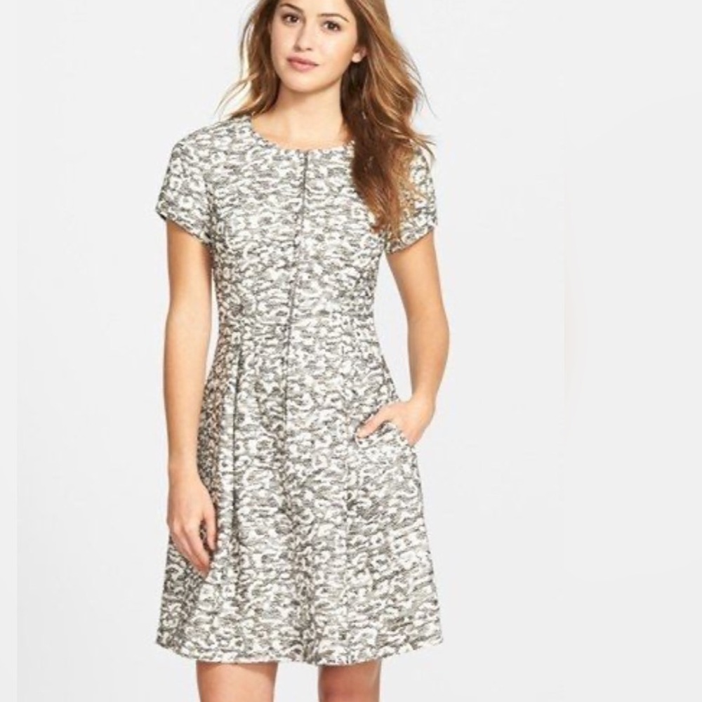Eliza J Leopard Jacquard Fit-and-Flare Zip Front Dress